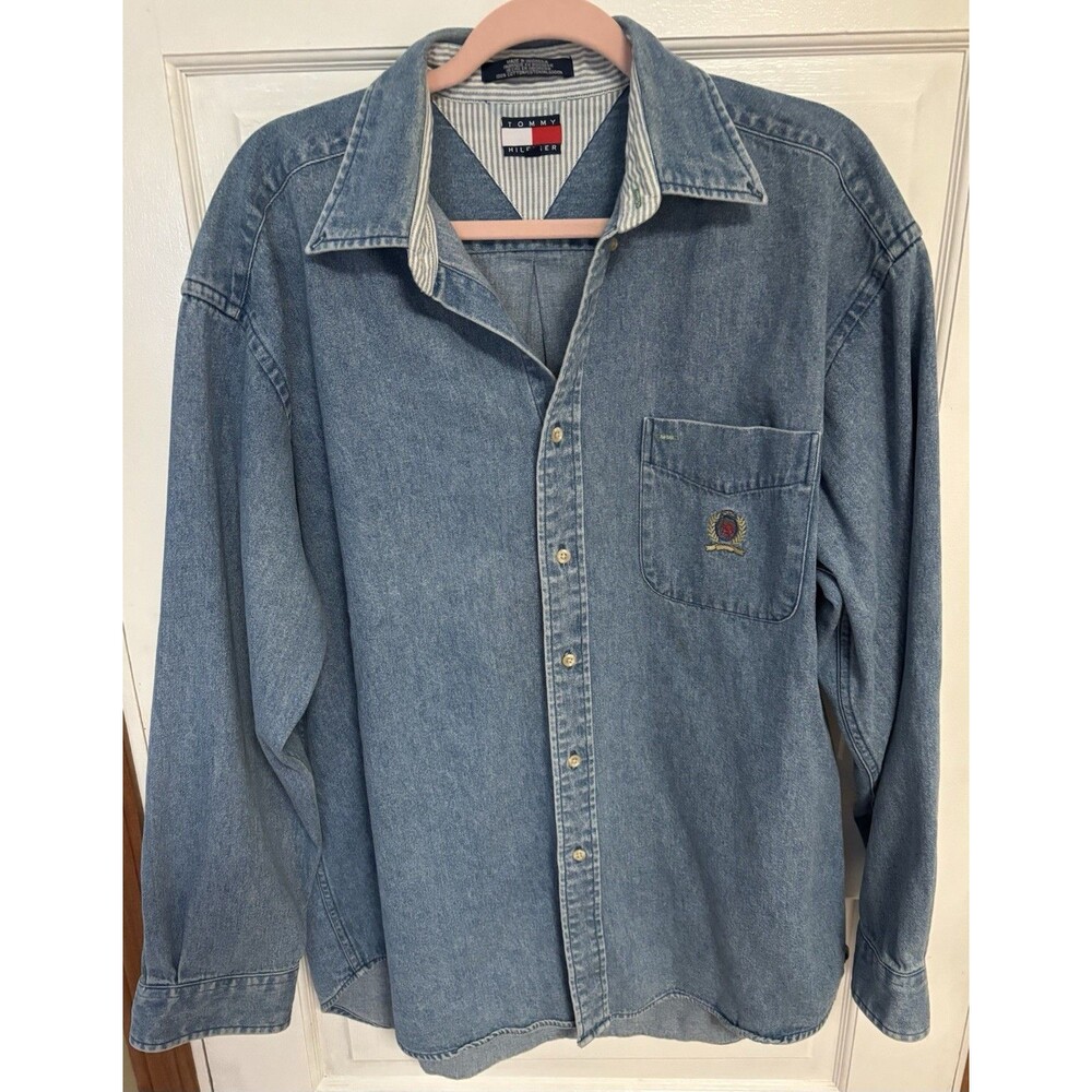 Vintage 90s Tommy Hilfiger Denim Button Down Shirt Lion Crest Mens SIZE Medium
